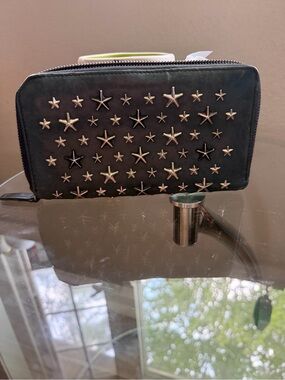 Jimmy Choo green  Leather Zip Wallet with Star Stud Embellishments